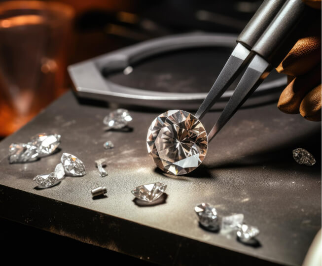 Faceted stone held in tweezers on a grading bench